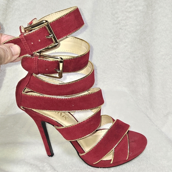 Liliana Red/Gold 4" Stiletto Heel W/ Crisscross Straps Buckles CLUB HOLIDAY BOLD - Picture 12 of 15